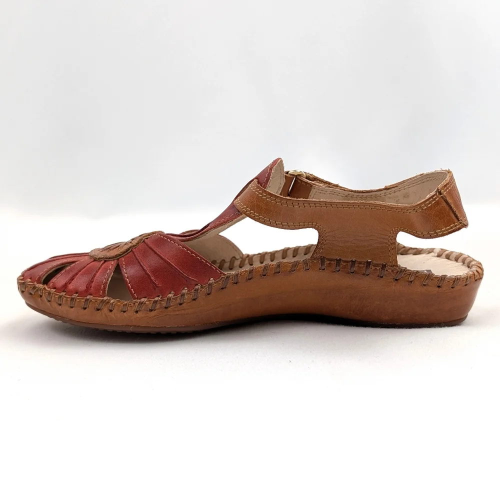 Pikolinos Puerto Vallarta Sandals Leather Slingback Closed Toe Red Tan EU 37